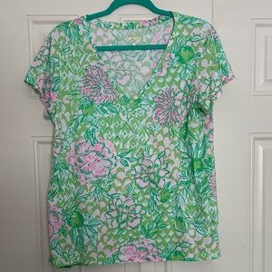 Lilly Pulitzer Green & Pink Floral V-Neck Short Sleeve Tee